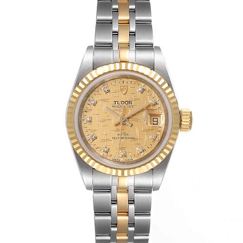 This image shows a Tudor Princess 92413 Women's Steel and Gold (two tone) Champagne Dial 92413 Women's Steel and Gold (two tone) Champagne Dial Date watch from a top-down angle, highlighting its face, bezel, crown, and bracelet.