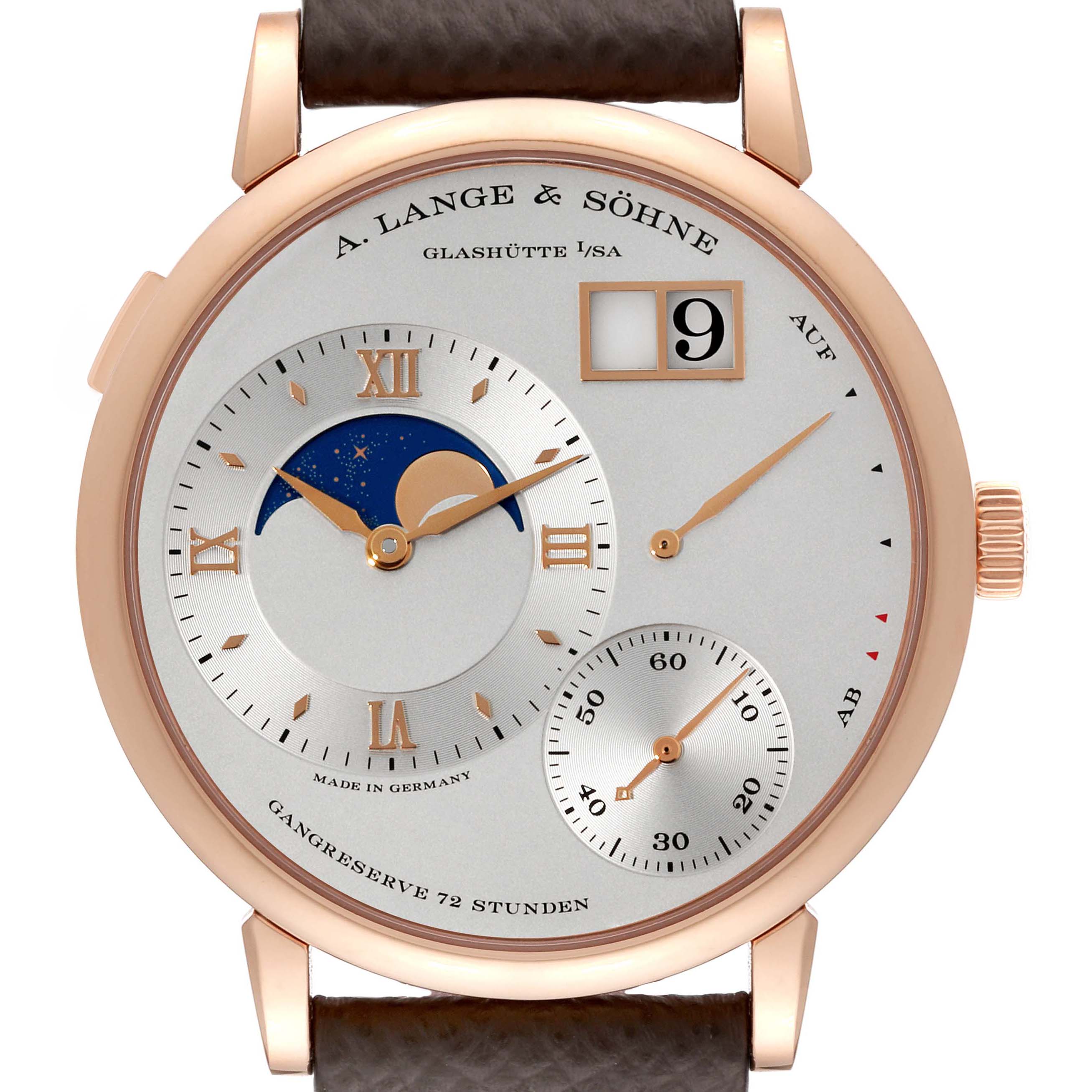 The image shows a front view of the Lange 1 model by A. Lange & Söhne, featuring a moonphase, date display, and power reserve indicator.