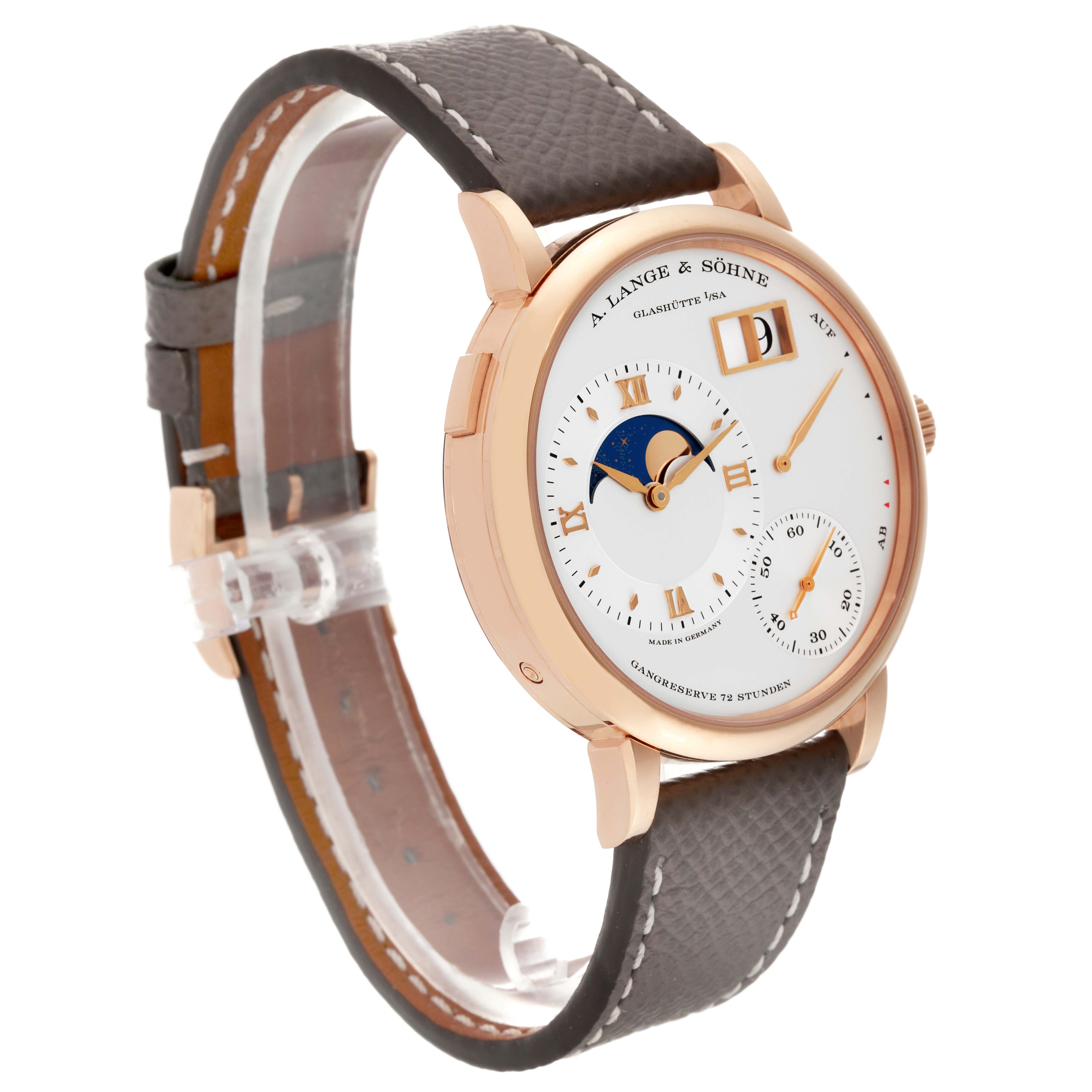 The Lange 1 model by A. Lange & Söhne is shown from an angled side view, highlighting the dial, case, and leather strap.