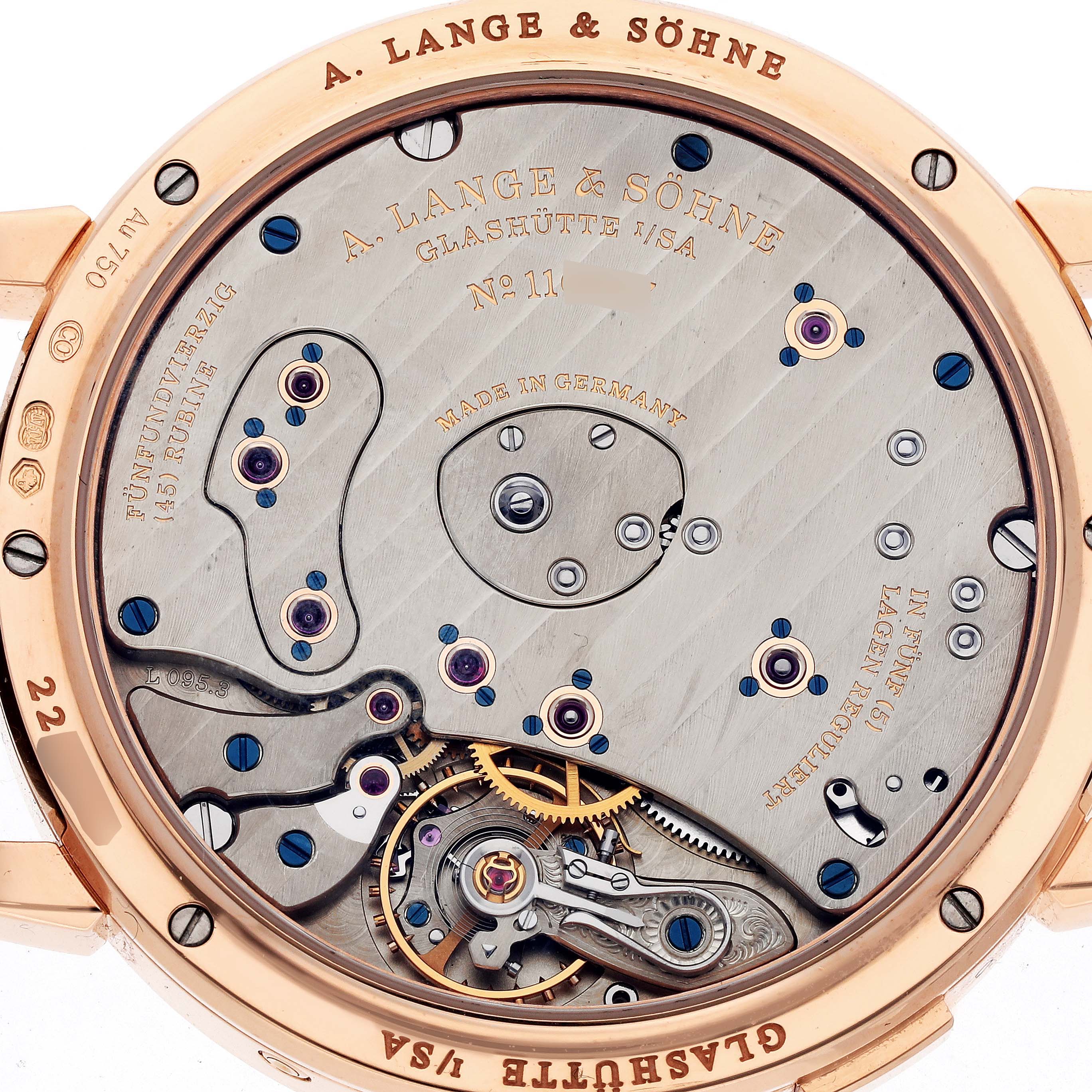 This image shows the back of the Lange 1 watch by A. Lange & Söhne, highlighting its intricate movement and mechanical components.
