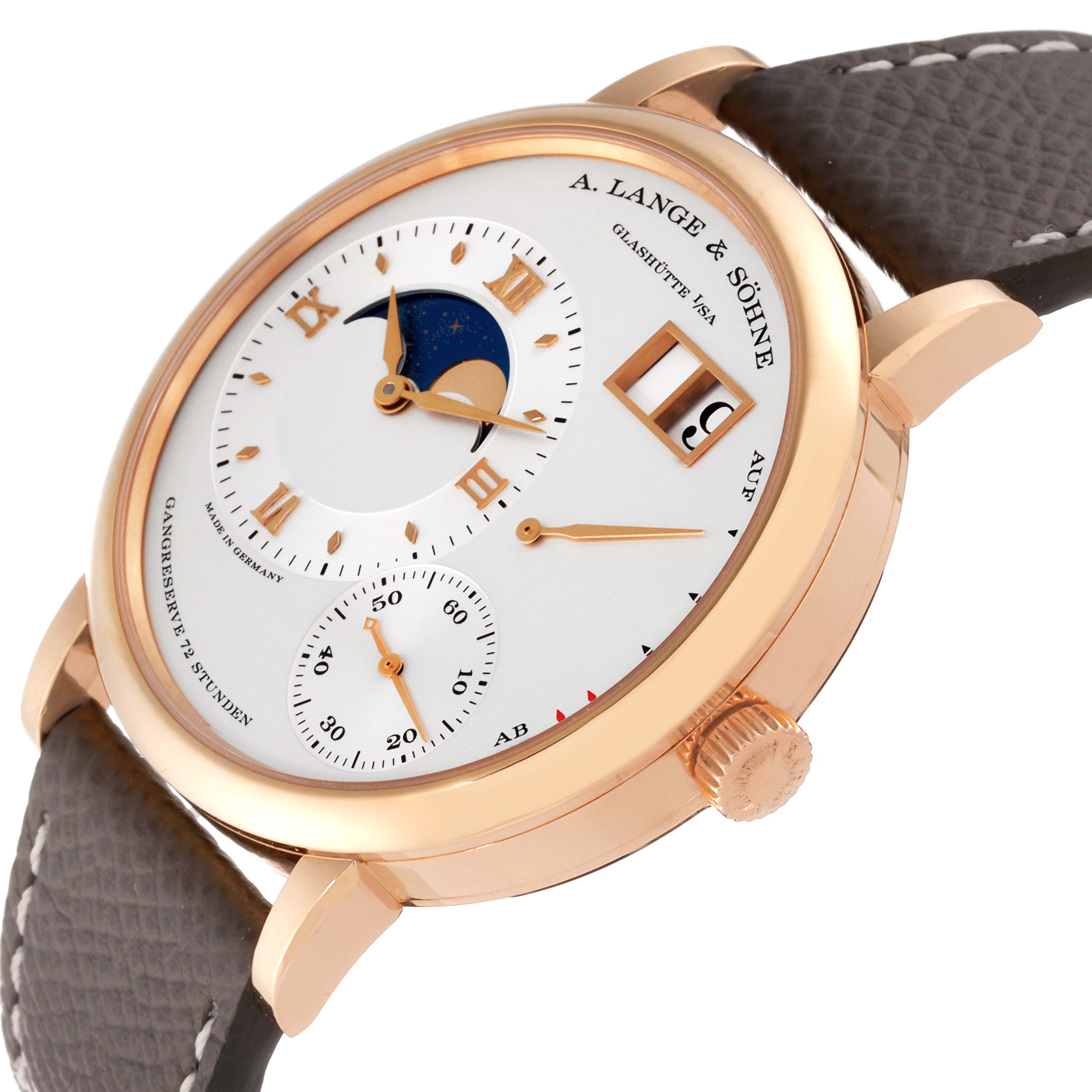 This image shows a Lange 1 model watch by A. Lange & Söhne at an angled view, highlighting its dial, case, and crown.