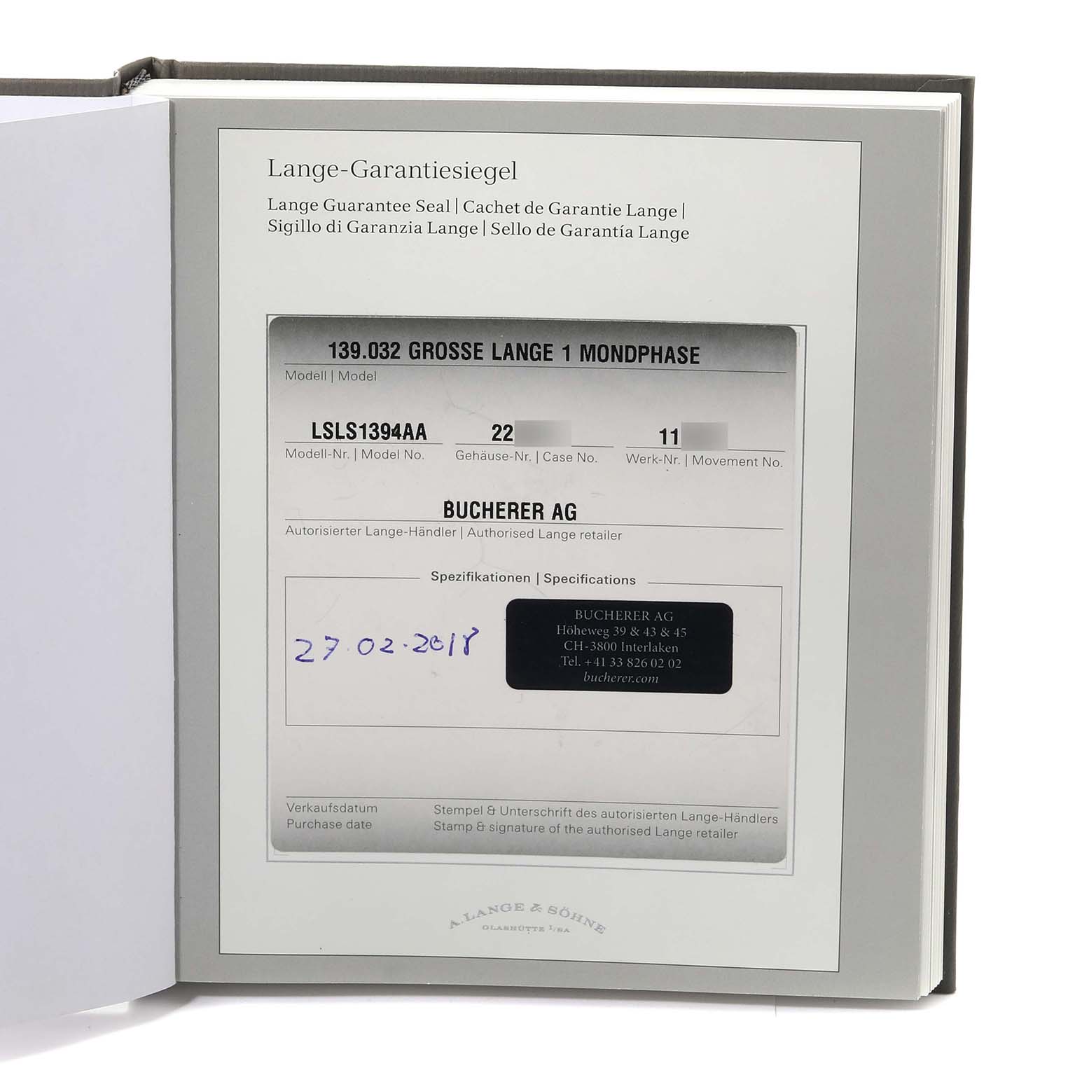 The image shows the warranty card and specifications for an A. Lange & Sohne Lange 1 139.032 Men's Rose Gold Silver Dial model, displayed in its documentation folder.