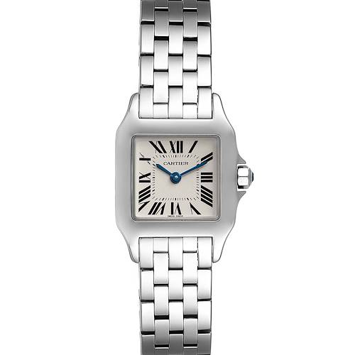 The image shows a Cartier Santos Demoiselle W25064Z5 Women's Stainless Steel Silver Dial W25064Z5 Women's Stainless Steel Silver Dial watch, displaying its face and bracelet from a front view.