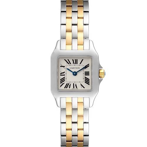 The image shows a front view of the Cartier Santos Demoiselle W25066Z6 Women's Steel and Gold (two tone) Silver Dial W25066Z6 Women's Steel and Gold (two tone) Silver Dial watch, highlighting its dual-tone bracelet and square dial.
