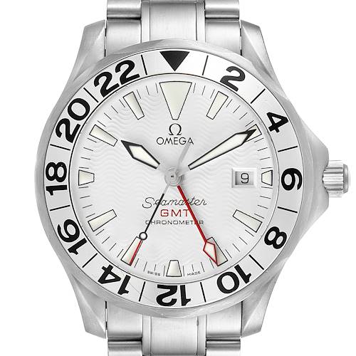 The image shows a front view of an Omega Seamaster 2538.20.00 Men's Stainless Steel White Dial 2538.20.00 Men's Stainless Steel White Dial GMT watch with its face, bezel, crown, and part of the bracelet visible.