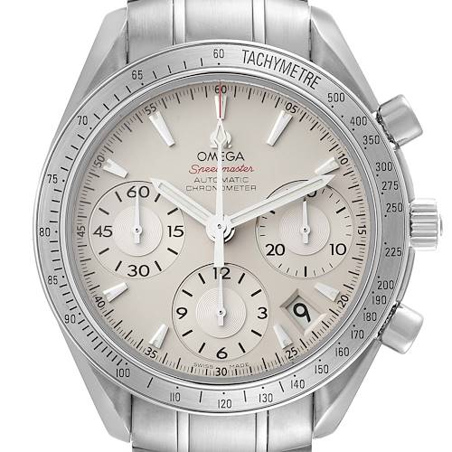 This image shows a front view of the Omega Speedmaster 323.10.40.40.02.001 Men's Stainless Steel Silver Dial 323.10.40.40.02.001 Men's Stainless Steel Silver Dial watch displaying its dials, tachymeter bezel, and bracelet.