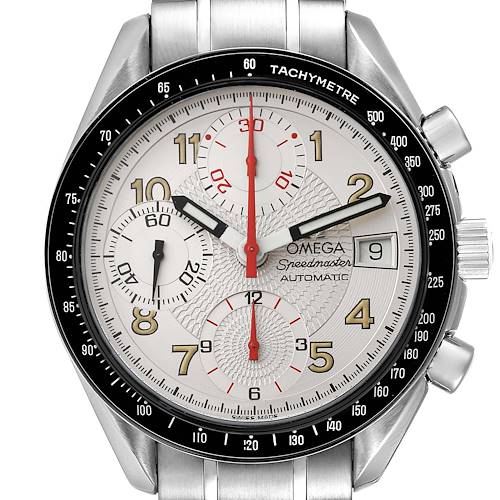 The image shows a close-up front view of an Omega Speedmaster 3513.33.00 Men's Stainless Steel Silver Dial 3513.33.00 Men's Stainless Steel Silver Dial watch, displaying the dial, bezel, and crown.