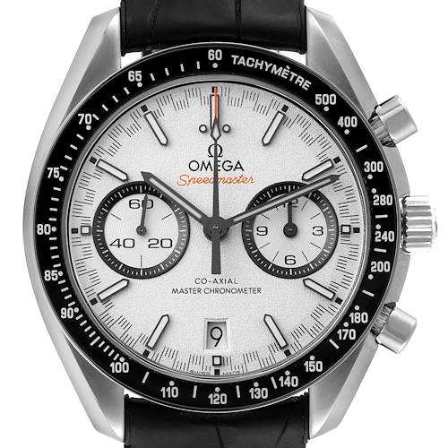 The image shows the dial, bezel, and crown of an Omega Speedmaster 329.33.44.51.04.001 Men's Stainless Steel Silver Dial 329.33.44.51.04.001 Men's Stainless Steel Silver Dial watch from a front-facing angle.