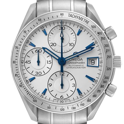 The image shows a close-up of the face and lugs of an Omega Speedmaster 3211.32.00 Men's Stainless Steel Silver Dial 3211.32.00 Men's Stainless Steel Silver Dial watch, highlighting its chronograph features and tachymeter bezel.