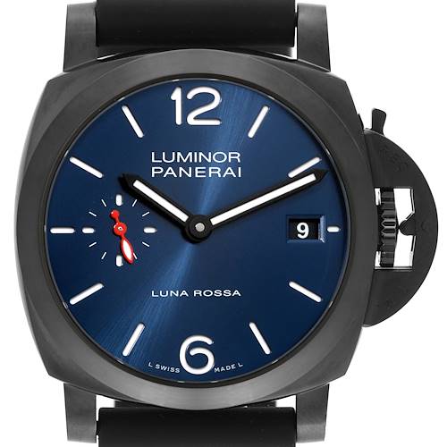This image shows a front view of the Panerai Luminor PAM01408 Men's Stainless Steel Blue Dial PAM01408 Men's Stainless Steel Blue Dial watch, displaying the face, indices, hands, crown guard, and date window.