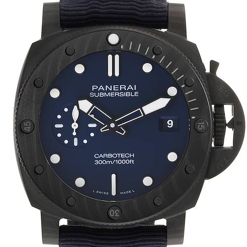 The image shows a front view of a Panerai Submersible PAM01232 Men's Ceramic Blue Dial PAM01232 Men's Ceramic Blue Dial watch, displaying the face, bezel, and crown guard.