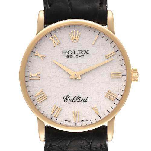 This image shows a front view of the Rolex Cellini 5115 Men's Yellow Gold Beige Dial 5115 Men's Yellow Gold Beige Dial watch, highlighting its dial, hands, and strap.