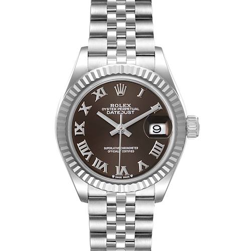 This image shows a front view of the Rolex Datejust 279174 Women's Stainless Steel Grey Dial 279174 Women's Stainless Steel Grey Dial watch, featuring its dial, hands, bezel, and bracelet.