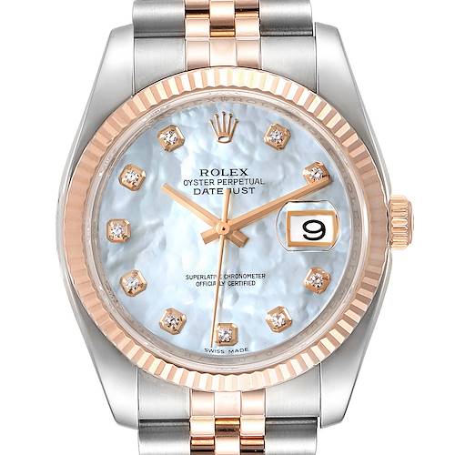 This image shows a close-up view of the Rolex Datejust 116231 Men's Steel and Gold (two tone) Mother of Pearl Dial 116231 Men's Steel and Gold (two tone) Mother of Pearl Dial watch, highlighting its dial, date window, and part of the bracelet.