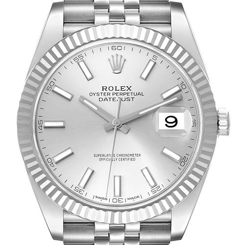 The image shows a front view of the Rolex Datejust 41 126334 Men's Stainless Steel Silver Dial 126334 Men's Stainless Steel Silver Dial with a silver dial, fluted bezel, and jubilee bracelet.
