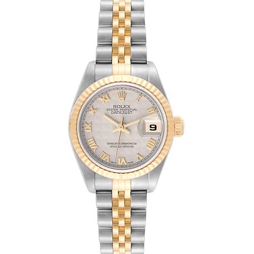 This Rolex Datejust 79173 Women's Steel and Gold (two tone) Beige Dial 79173 Women's Steel and Gold (two tone) Beige Dial watch is shown from a frontal view, displaying the dial, bezel, case, and bracelet.