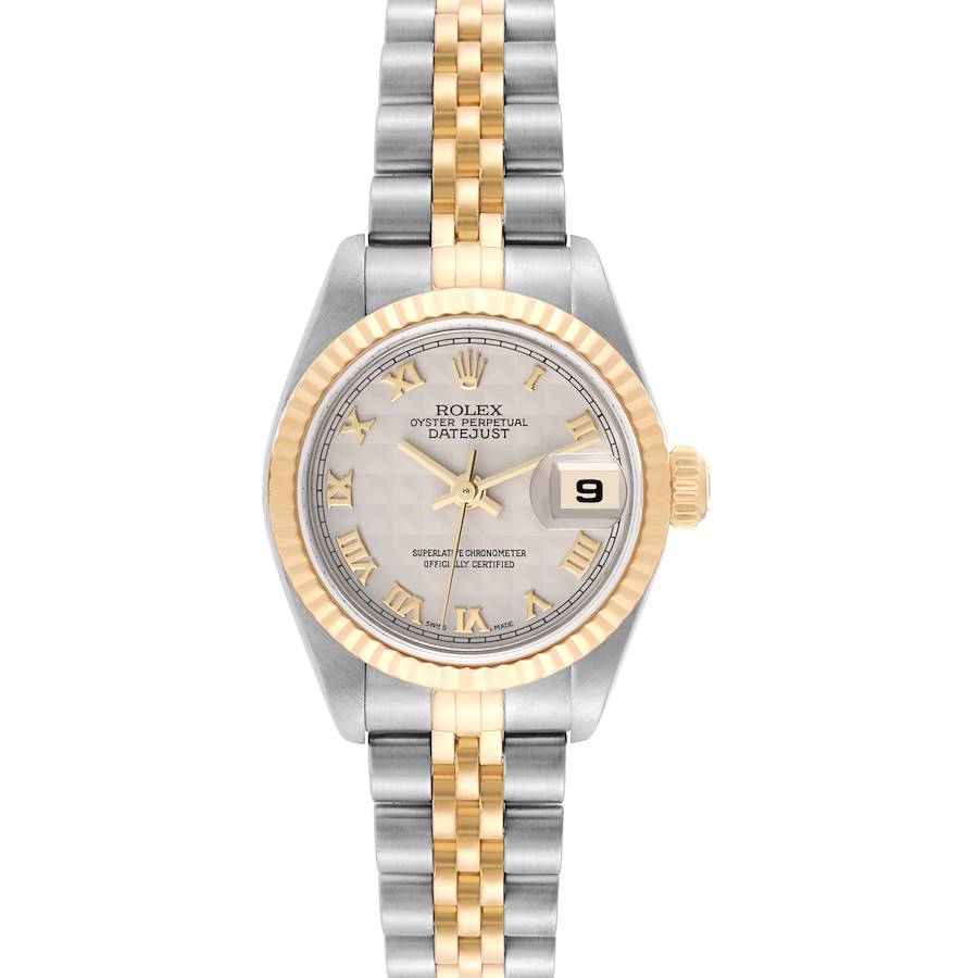 This is a Rolex Datejust 79173 Women's Steel and Gold (two tone) Beige Dial 79173 Women's Steel and Gold (two tone) Beige Dial watch shown from the front, highlighting the dial, bezel, hands, date window, and bracelet.