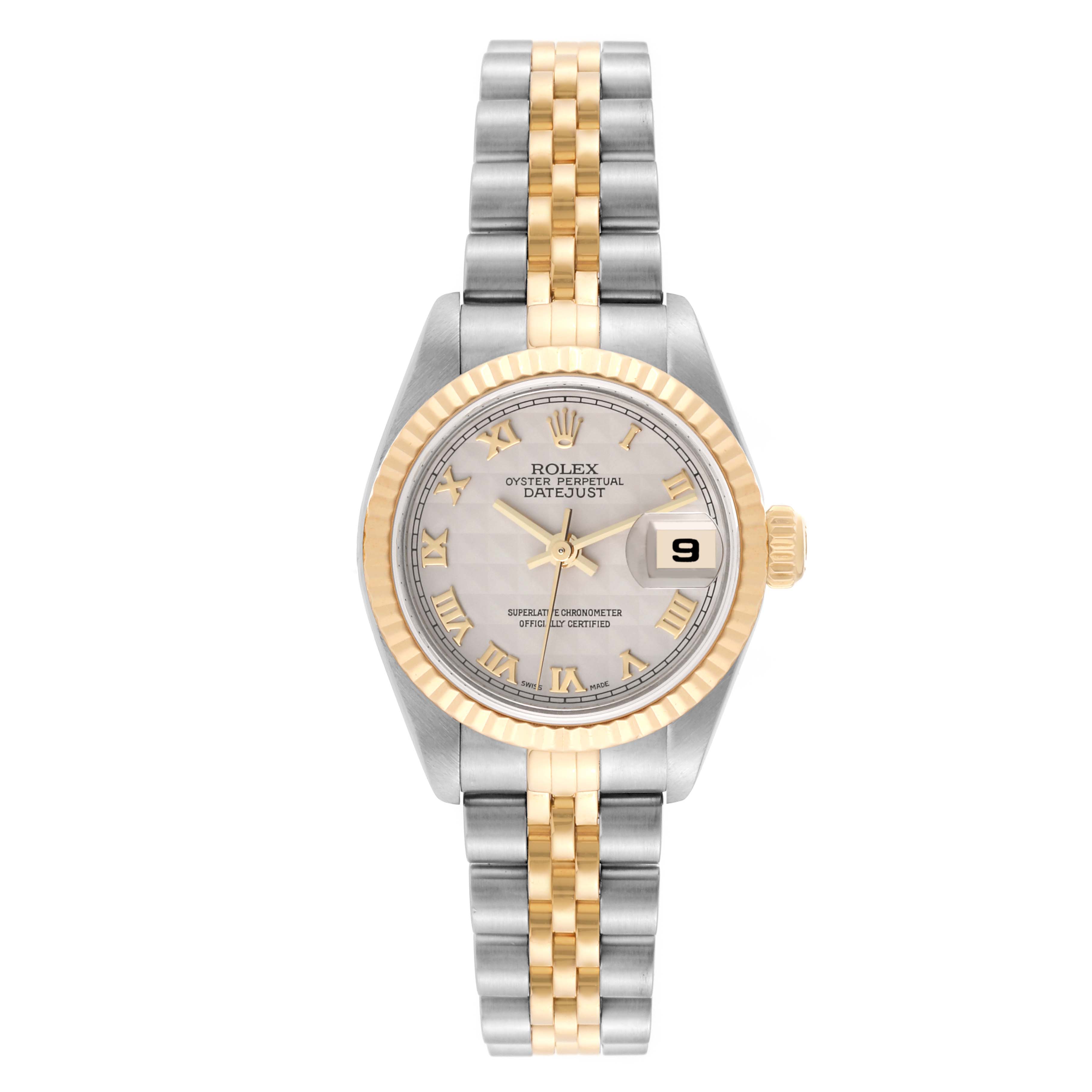 The Rolex Datejust 79173 Women's Steel and Gold (two tone) Beige Dial 79173 Women's Steel and Gold (two tone) Beige Dial watch is shown from a top-down angle, highlighting the dial, bezel, and two-tone bracelet.
