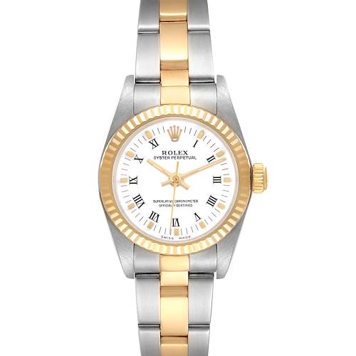 This image shows a Rolex Oyster Perpetual 76193 Women's Steel and Gold (two tone) White Dial 76193 Women's Steel and Gold (two tone) White Dial watch from a front angle, highlighting its dial, bezel, and bi-metal bracelet.