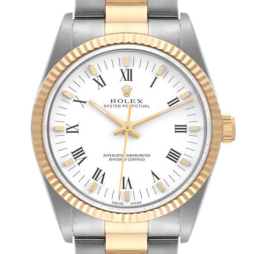 The image shows a frontal view of a Rolex Oyster Perpetual 14233 Men's Steel and Gold (two tone) White Dial 14233 Men's Steel and Gold (two tone) White Dial watch, revealing the face, bezel, and part of the bracelet.