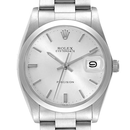 The image shows a front view of a Rolex Vintage Collection 6694 Men's Stainless Steel Silver Dial 6694 Men's Stainless Steel Silver Dial wristwatch, highlighting its dial, hands, date window, and bracelet.