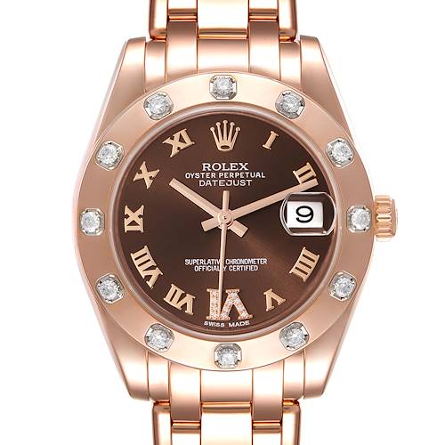 This image shows a close-up of the dial and bracelet of a Rolex Pearlmaster 81315 Women's Rose Gold Brown Dial 81315 Women's Rose Gold Brown Dial watch, featuring a brown face and diamond accents.