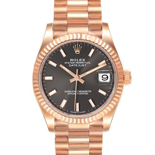This image shows a front view of a Rolex President 278275 Women's Rose Gold Grey Dial 278275 Women's Rose Gold Grey Dial model watch, highlighting the dial, bezel, and part of the bracelet.