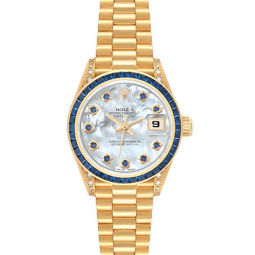 This Rolex President 69028 Women's Yellow Gold Mother of Pearl Dial 69028 Women's Yellow Gold Mother of Pearl Dial model watch is shown from a top-down angle displaying its face, bezel, and bracelet.