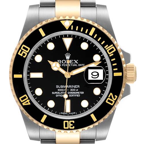 The image shows a front view of a Rolex Submariner 116613 Men's Steel and Gold (two tone) Black Dial 116613 Men's Steel and Gold (two tone) Black Dial watch, highlighting the black dial, gold bezel, and stainless steel and gold bracelet.