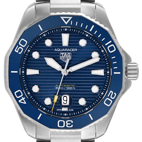 This image shows a front view of the Tag Heuer Aquaracer WBP201B.BA0632 Men's Stainless Steel Blue Dial WBP201B.BA0632 Men's Stainless Steel Blue Dial watch, highlighting its bezel, dial, hands, and date window.