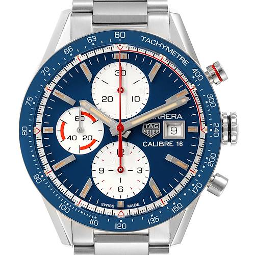 This image shows a face-on view of the Tag Heuer Carrera CV201AR.BA0715 Men's Stainless Steel Blue Dial CV201AR.BA0715 Men's Stainless Steel Blue Dial Calibre 16 watch, displaying chronograph sub-dials and a tachymeter bezel.