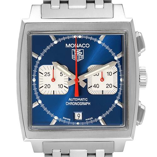 This image shows a front view of the Tag Heuer Monaco CW2113.BA0780 Men's Stainless Steel Blue Dial CW2113.BA0780 Men's Stainless Steel Blue Dial watch, highlighting its blue dial, sub-dials, and date function.