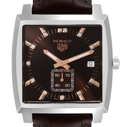 The image shows a close-up angled view of a Tag Heuer Monaco WAW131E.FC6420 Women's Stainless Steel Brown Dial WAW131E.FC6420 Women's Stainless Steel Brown Dial watch face, displaying the dial, hands, date window, and part of the strap.