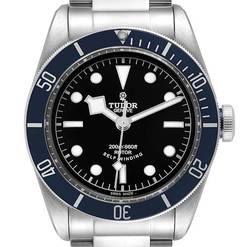 The image shows a front view of the Tudor Heritage Black Bay 79220 Men's Stainless Steel Black Dial 79220 Men's Stainless Steel Black Dial watch, highlighting the dial, bezel, and part of the bracelet.