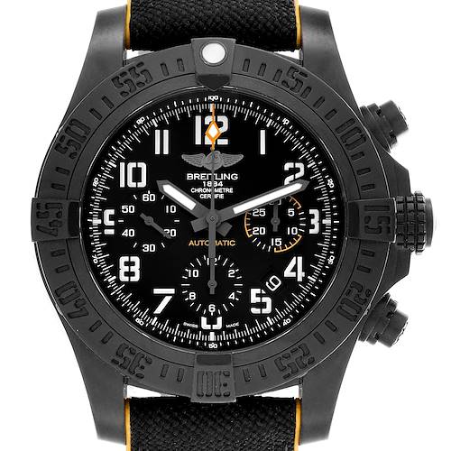 The Breitling Avenger XB0180 Men's Ceramic Black Dial XB0180 Men's Ceramic Black Dial watch is shown from a front angle, highlighting the black dial, bezel, and strap.