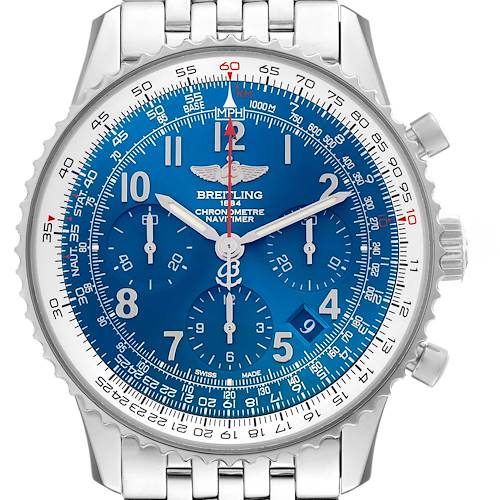 The Breitling Navitimer AB0121 Men's Stainless Steel Blue Dial AB0121 Men's Stainless Steel Blue Dial watch is shown from the front, displaying the face, bezel, sub-dials, and metal bracelet.