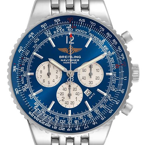 The Breitling Navitimer A35350 Men's Stainless Steel Blue Dial A35350 Men's Stainless Steel Blue Dial model is shown from the front, displaying the dial, sub-dials, and part of the bracelet.
