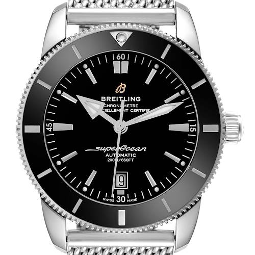 The Breitling Superocean AB202012-B1S1 Men's Stainless Steel Black Dial AB202012-B1S1 Men's Stainless Steel Black Dial watch is shown at a straight-on angle, highlighting the face, bezel, crown, and part of the bracelet.