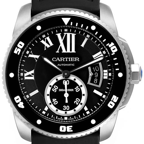 This image shows the dial and bezel of the Calibre de Cartier watch by Cartier from a front angle.