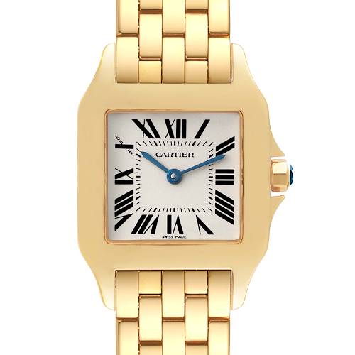 This image shows a frontal view of a Cartier Santos Demoiselle W25062X9 Women's Yellow Gold Silver Dial W25062X9 Women's Yellow Gold Silver Dial watch, highlighting the face, bezel, and part of the gold bracelet.