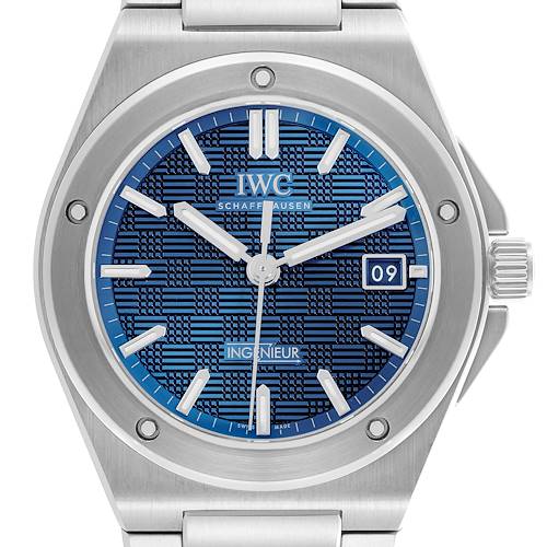 The IWC Ingenieur IW328907 Men's Stainless Steel Blue Dial IW328907 Men's Stainless Steel Blue Dial watch is shown from the front, displaying its blue textured dial and date window.