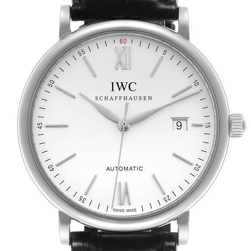The IWC Portofino IW356501 Men's Stainless Steel Silver Dial IW356501 Men's Stainless Steel Silver Dial watch is shown from a straight-on angle, highlighting the dial, hands, crown, and leather strap attachment.