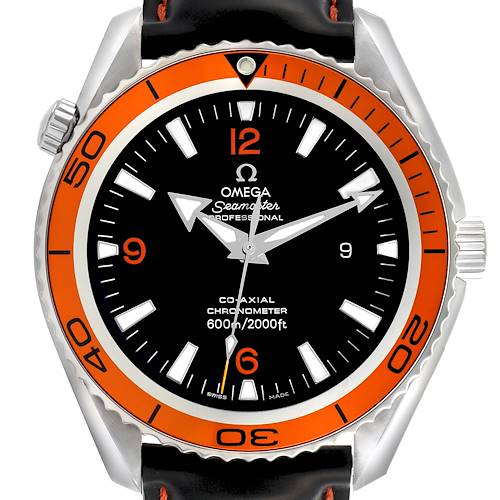 The image shows an Omega Planet Ocean 232.32.42.21.01.001 Men's Stainless Steel Black Dial 232.32.42.21.01.001 Men's Stainless Steel Black Dial watch from a front angle, highlighting its face, bezel, and crown.