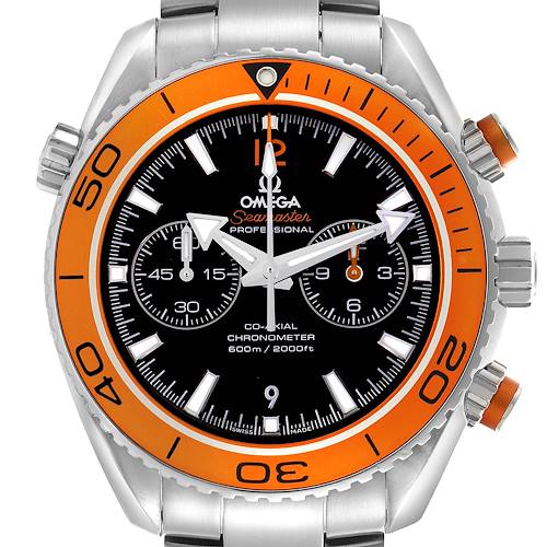 The Omega Planet Ocean 232.30.46.51.01.002 Men's Stainless Steel Black Dial 232.30.46.51.01.002 Men's Stainless Steel Black Dial watch is shown from a front angle, displaying the dial, bezel, and crown with an orange and black color scheme.