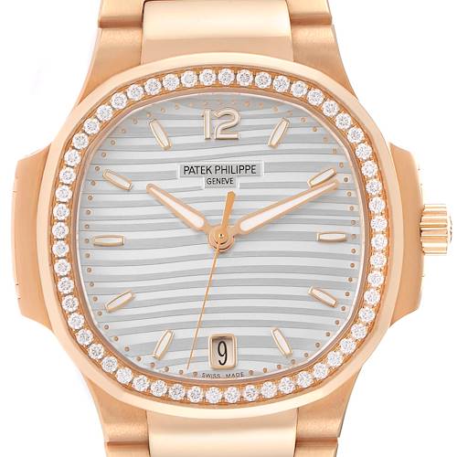 This image shows a front view of a Patek Philippe Nautilus 7118/1200R-001 Men's Rose Gold Silver Dial 7118/1200R-001 Men's Rose Gold Silver Dial watch, highlighting its dial, bezel, crown, and part of the bracelet.