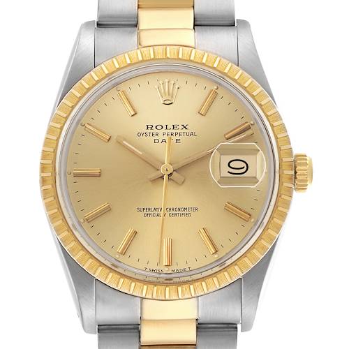 The Rolex Date 15053 Men's Steel and Gold (two tone) Champagne Dial 15053 Men's Steel and Gold (two tone) Champagne Dial watch is shown from the front, highlighting its gold dial, bezel, and two-tone bracelet.