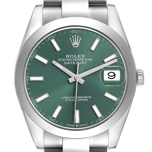 The Rolex Datejust 41 126300 Men's Stainless Steel Green Dial 126300 Men's Stainless Steel Green Dial watch is shown from the front, highlighting its green dial, hour markers, and date window at 3 o'clock.