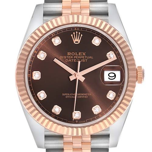 The Rolex Datejust 41 126331 Men's Steel and Gold (two tone) Brown Dial 126331 Men's Steel and Gold (two tone) Brown Dial is shown from the front, highlighting the dial, markers, bezel, crown, and part of the bracelet.