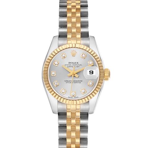 The Rolex Datejust 179173 Women's Steel and Gold (two tone) Silver Dial 179173 Women's Steel and Gold (two tone) Silver Dial watch is shown from a front angle, displaying the dial, fluted bezel, and two-tone jubilee bracelet.