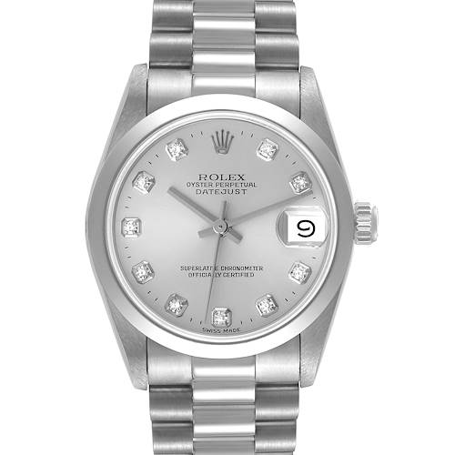 The image shows a front view of a Rolex President 68246 Women's Platinum Silver Dial 68246 Women's Platinum Silver Dial model watch, displaying its dial, bezel, and bracelet.